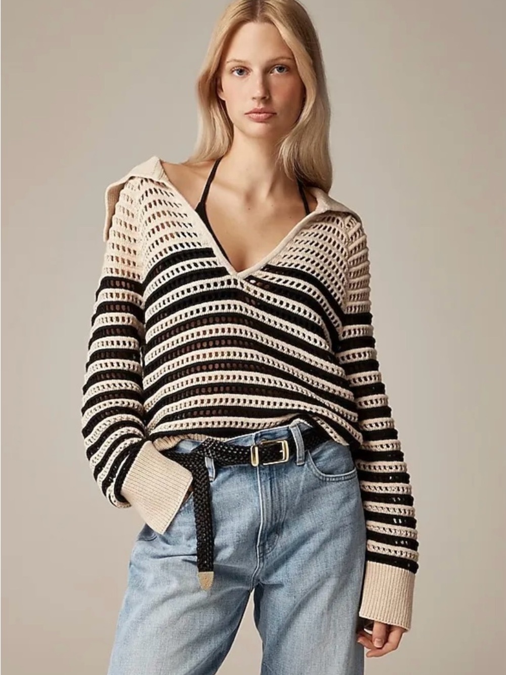 J. Crew Striped Open-Weave V-Neck Sweater in Beige and Black